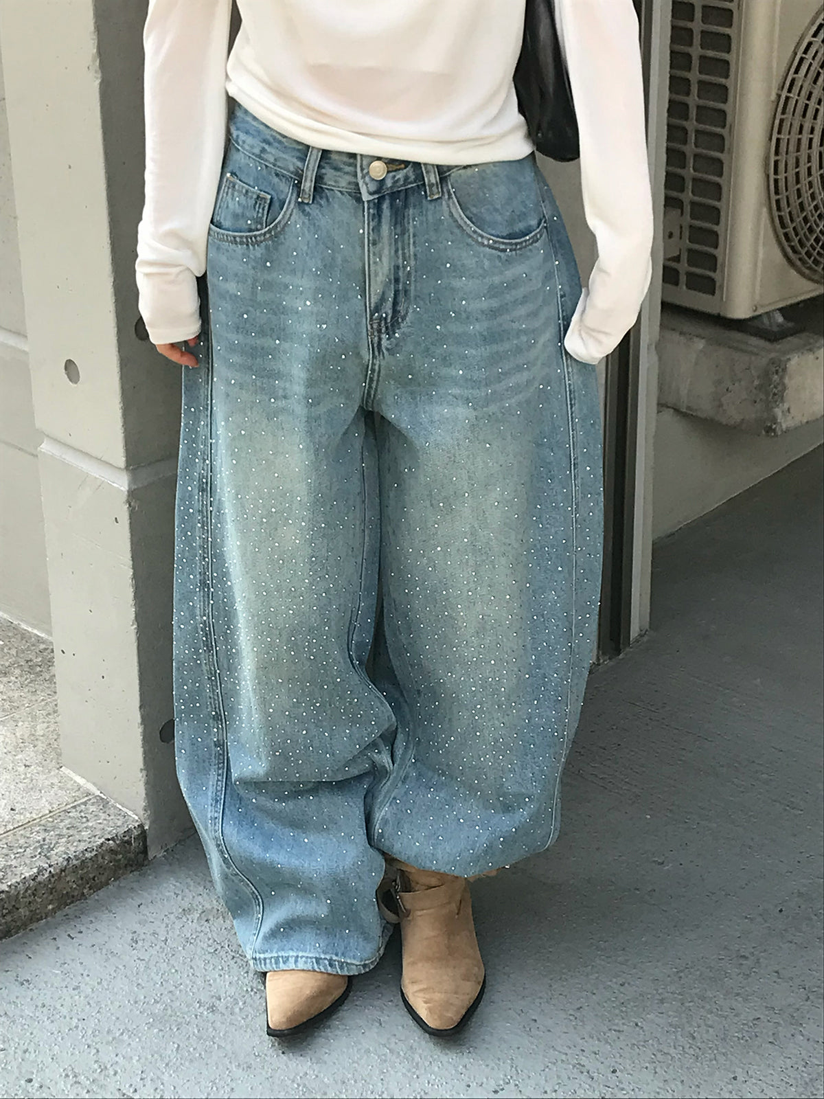 ウエストコードラインストーンワイドデニムパンツ