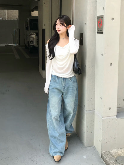 ウエストコードラインストーンワイドデニムパンツ