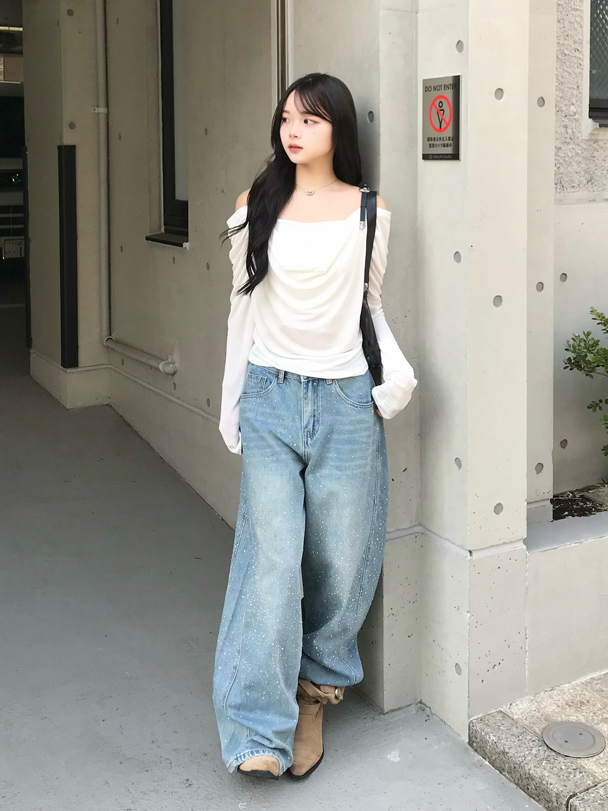 ウエストコードラインストーンワイドデニムパンツ