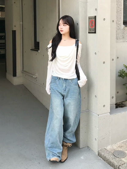 ウエストコードラインストーンワイドデニムパンツ