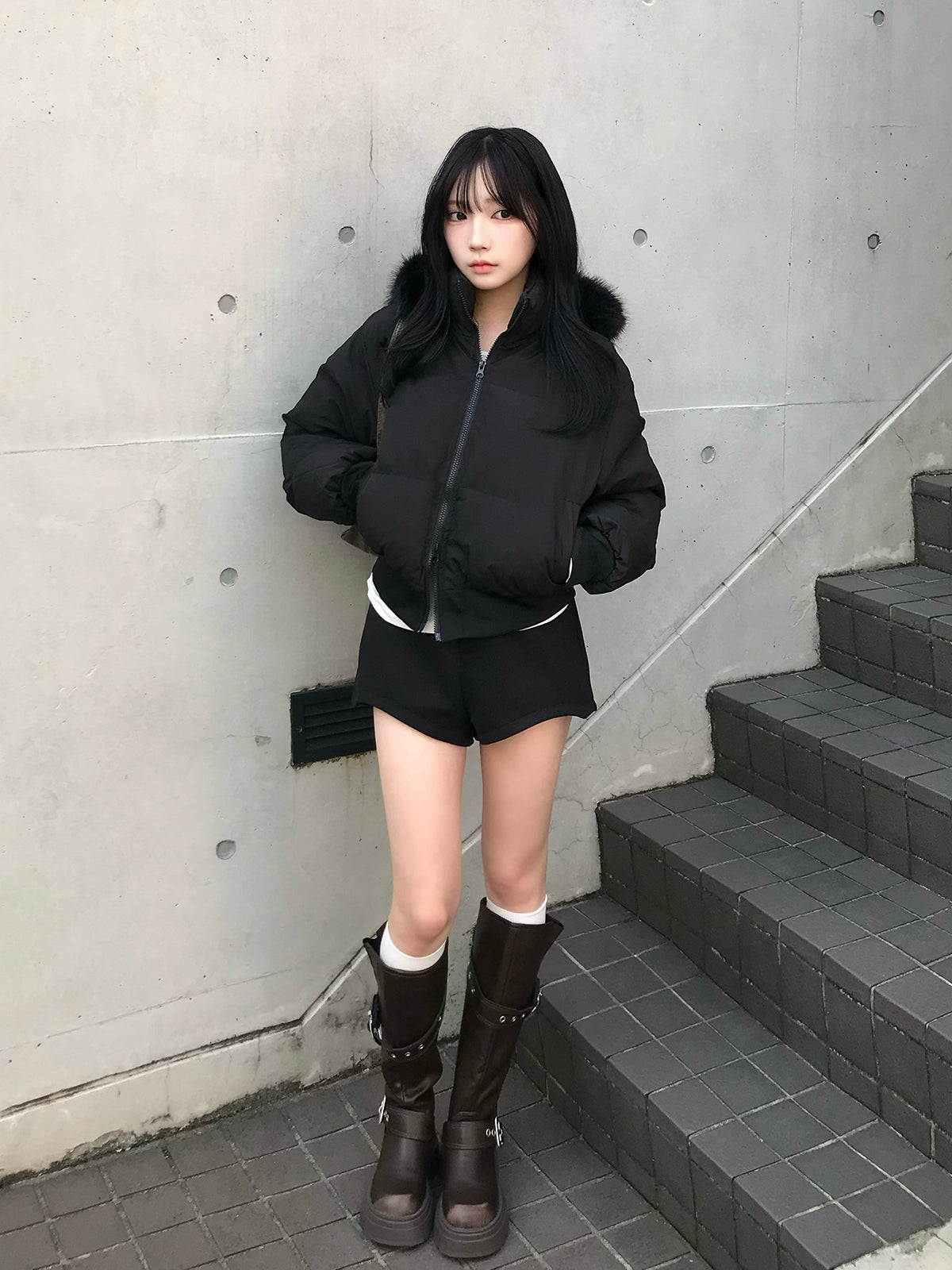 高腰双排扣短裤