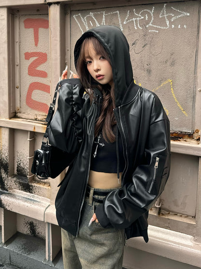 フーディージップレザータッチジャケット