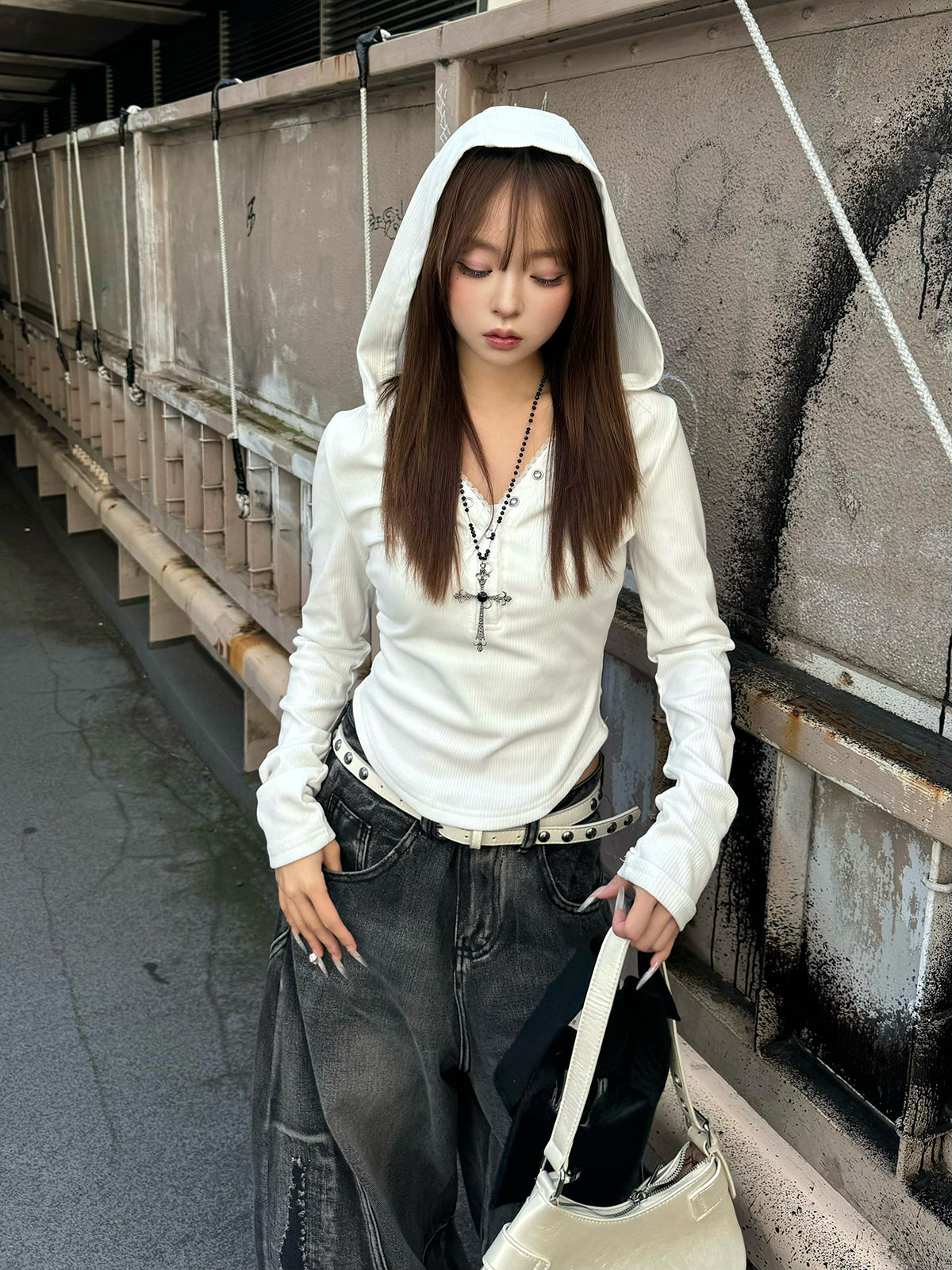 リブボタンフーディーカットソー