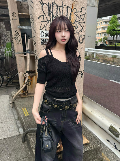 オープンショルダーメッシュニット