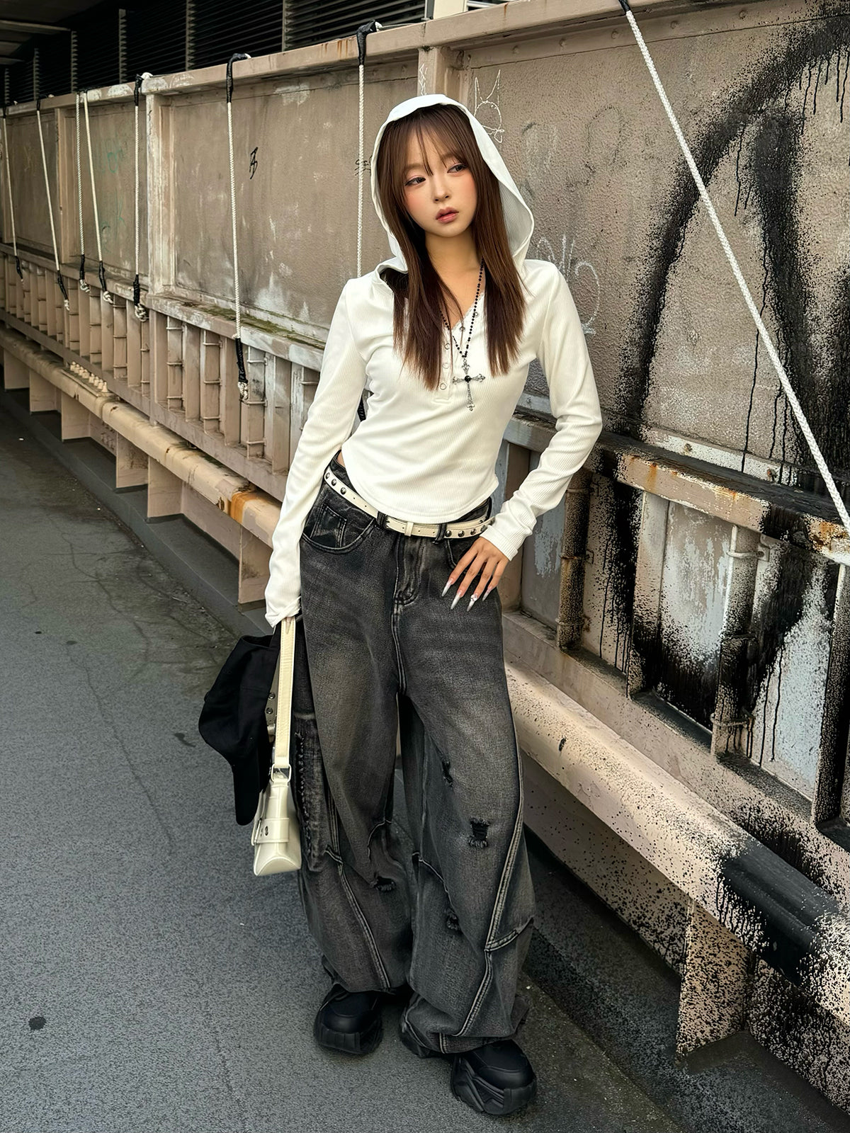 リブボタンフーディーカットソー