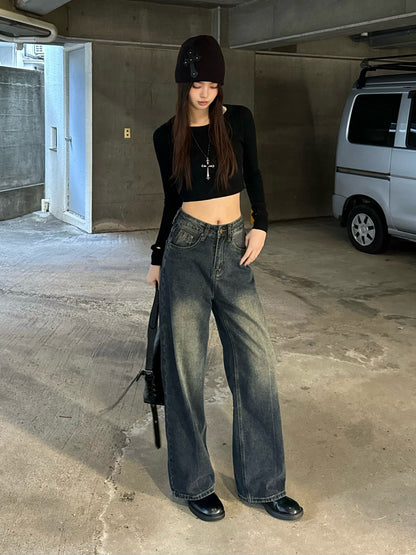 ハイウエストウォッシングデニムパンツ