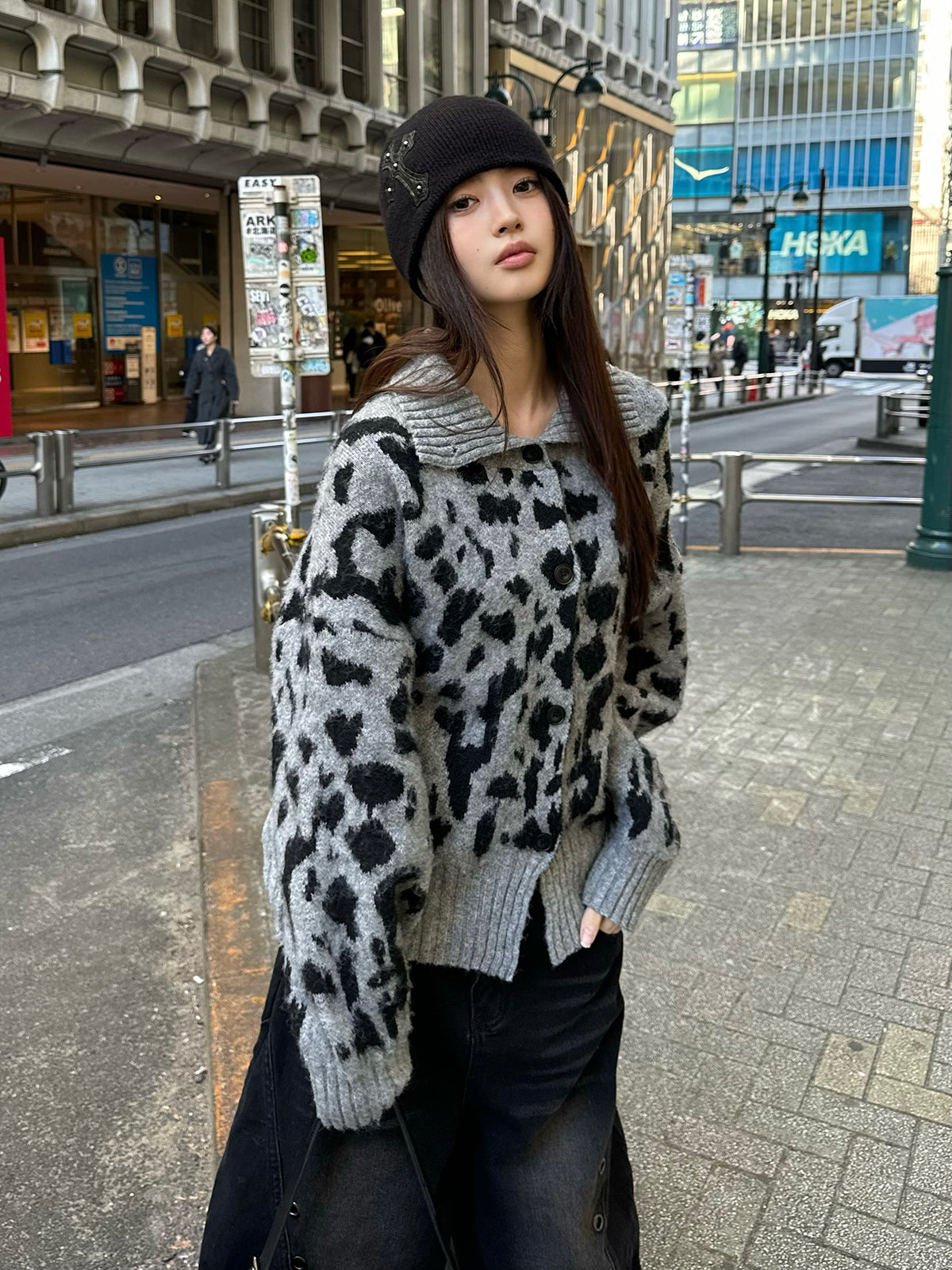 レオパードネックニットカーディガン