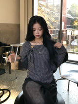 リボンギャザーボタンリブカットソー - グレー