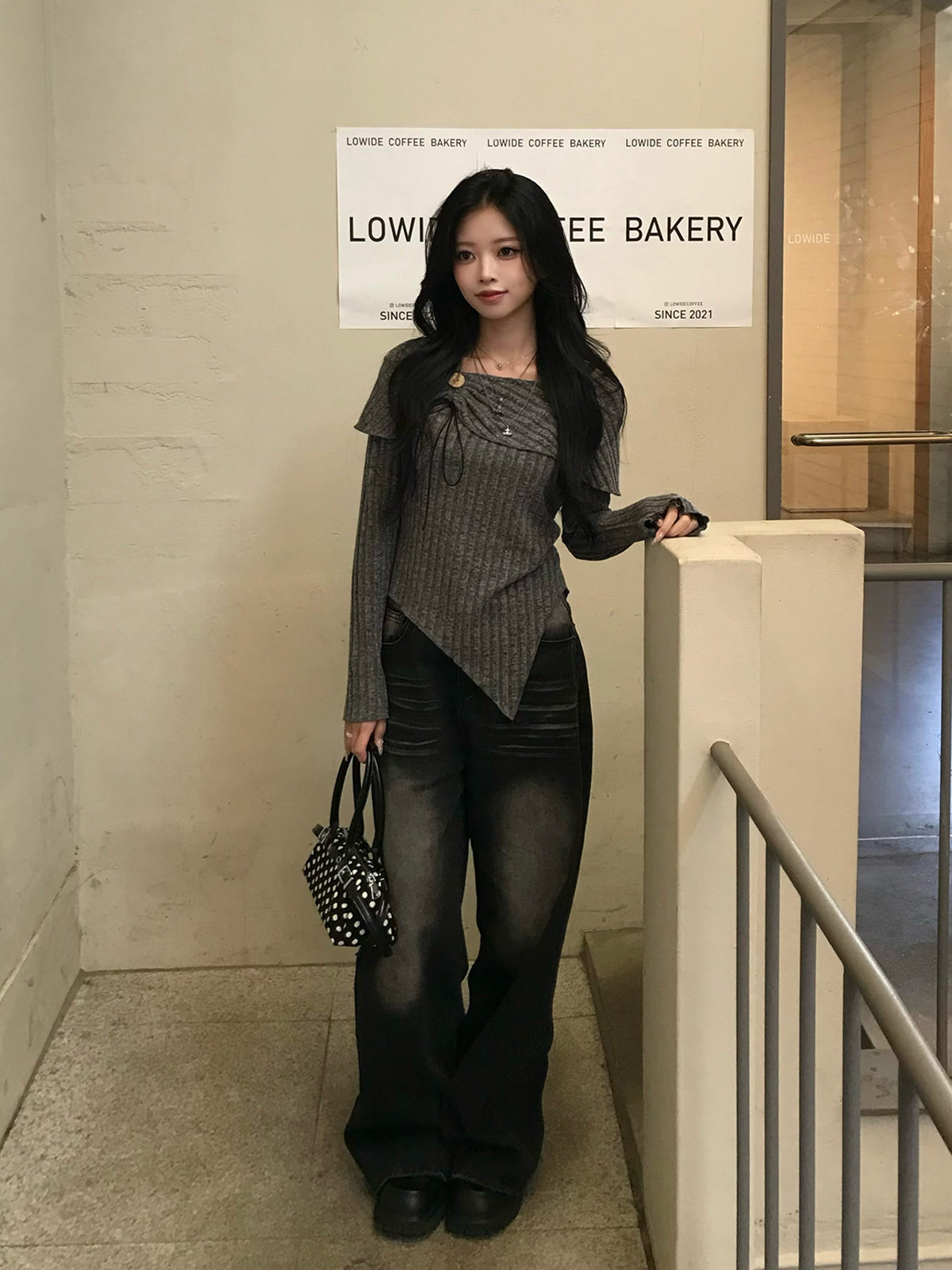 リボンギャザーボタンリブカットソー