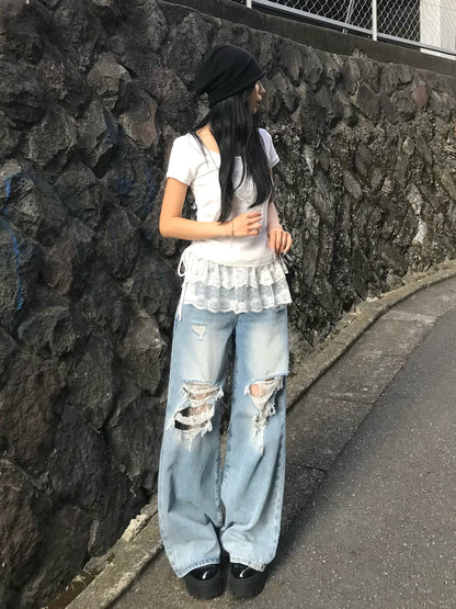 レイヤードレースダメージデニムパンツ