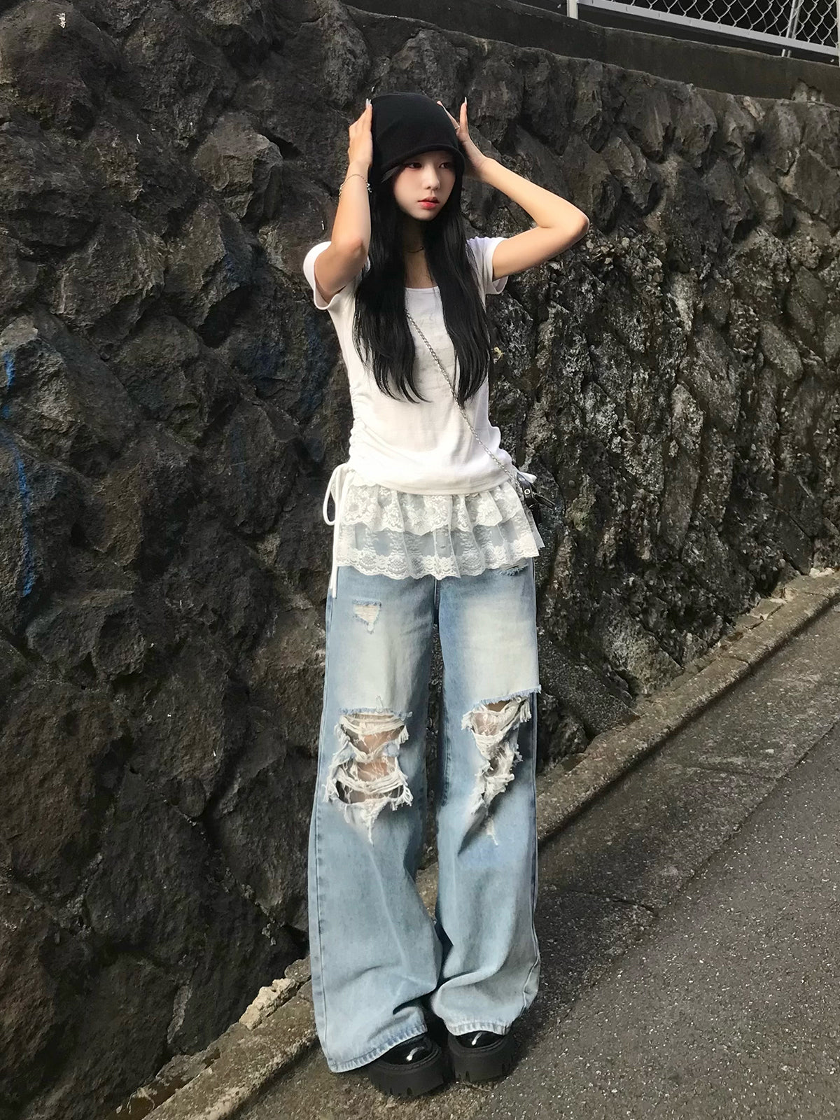 レイヤードレースダメージデニムパンツ