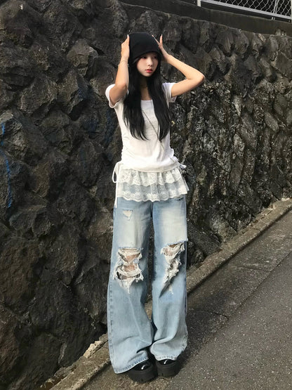 レイヤードレースダメージデニムパンツ