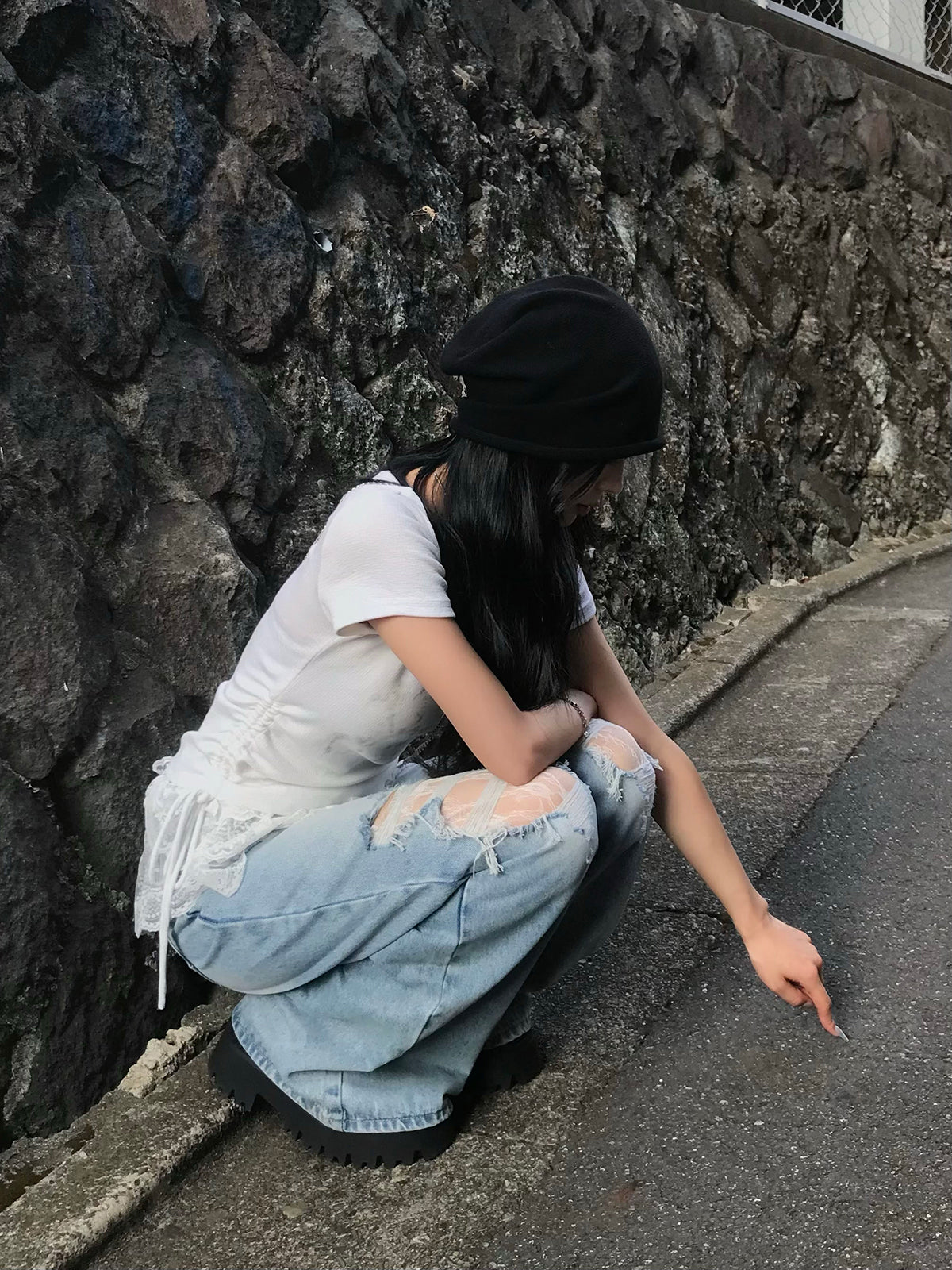 レイヤードレースダメージデニムパンツ