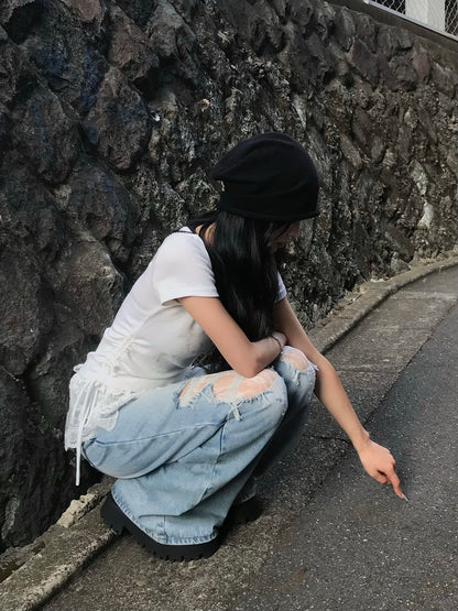 レイヤードレースダメージデニムパンツ