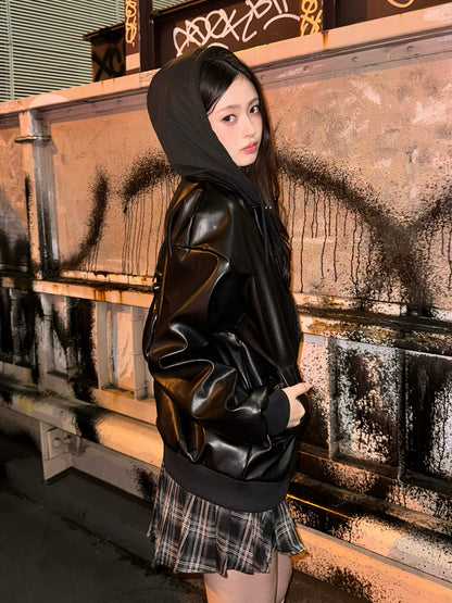 フーディージップレザータッチジャケット