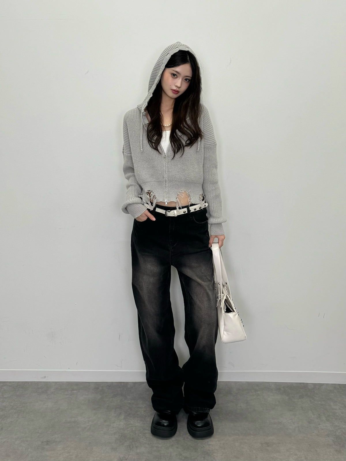 ダメージニットダブルジップパーカー