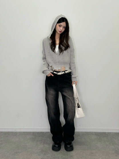 ダメージニットダブルジップパーカー