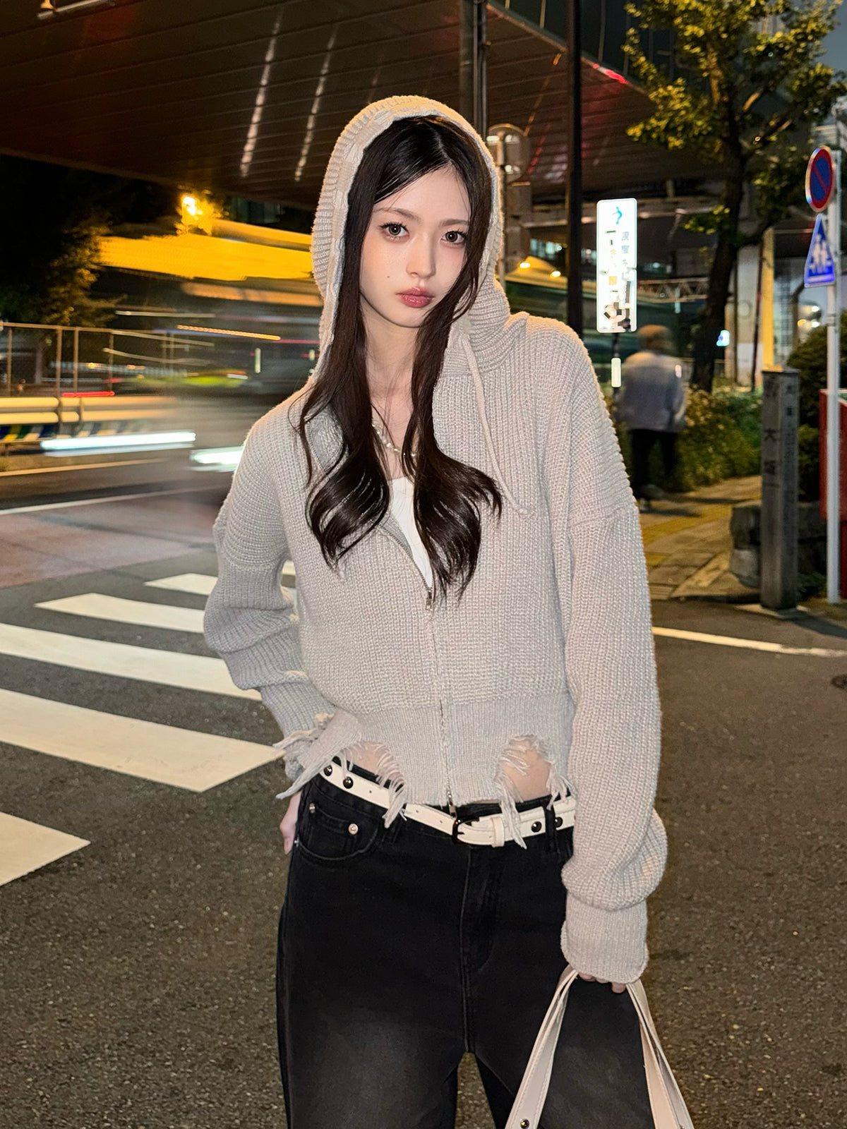 ダメージニットダブルジップパーカー