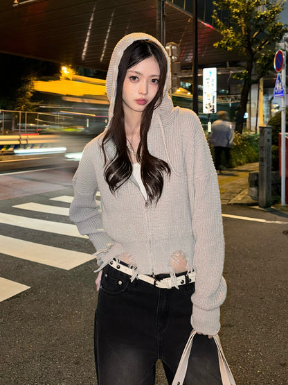 ダメージニットダブルジップパーカー