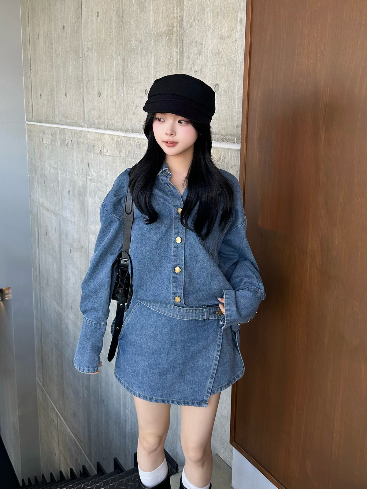 デニムラップショートパンツセットアップ