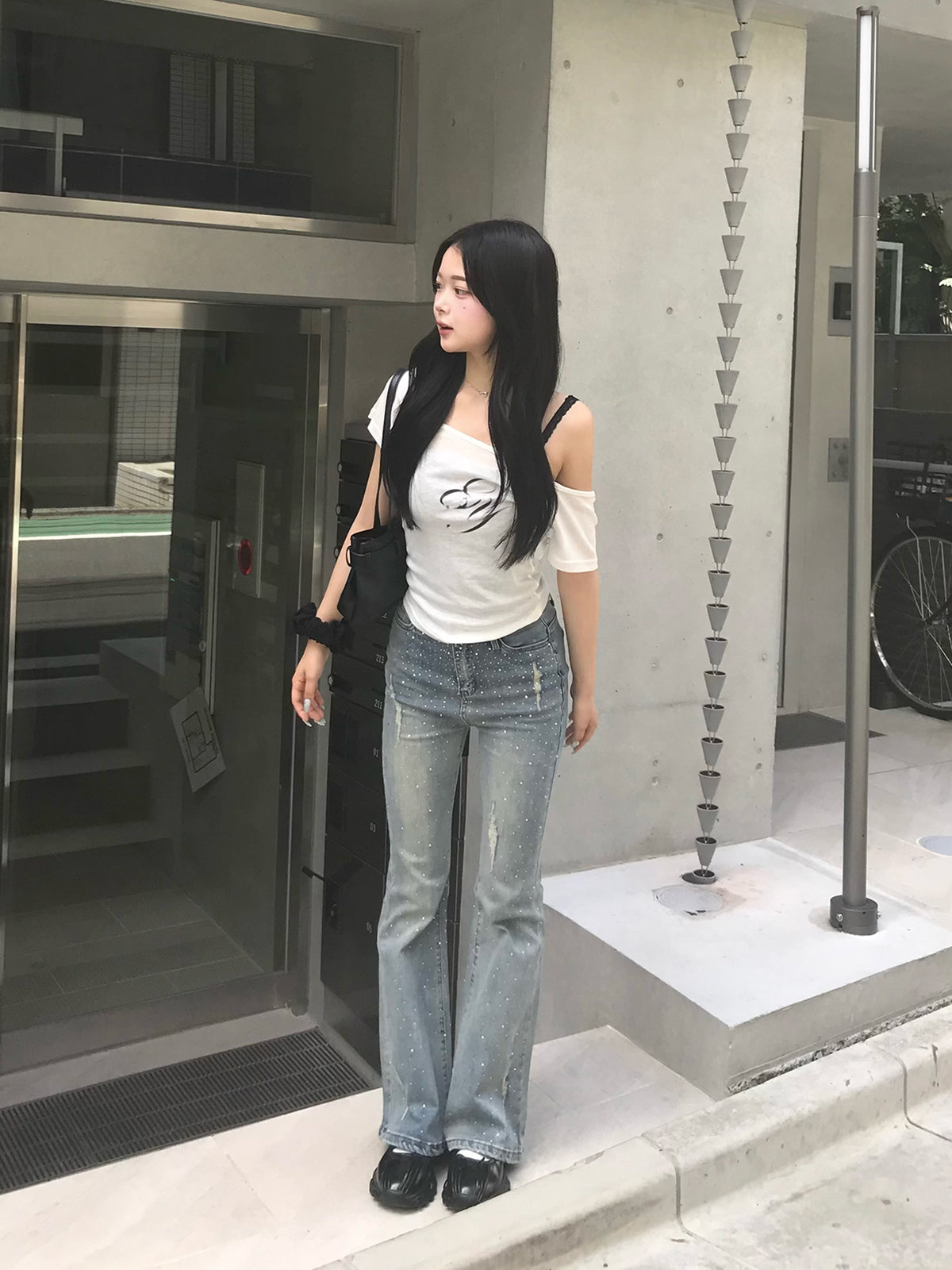 クリスタルストーンフレアデニムパンツ