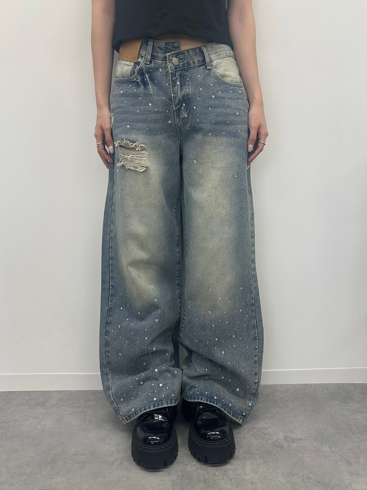 ラインストーンウォッシュデニムパンツ　