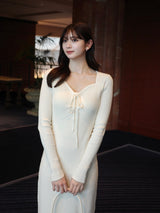 デザインネックリブニットワンピース - ホワイト