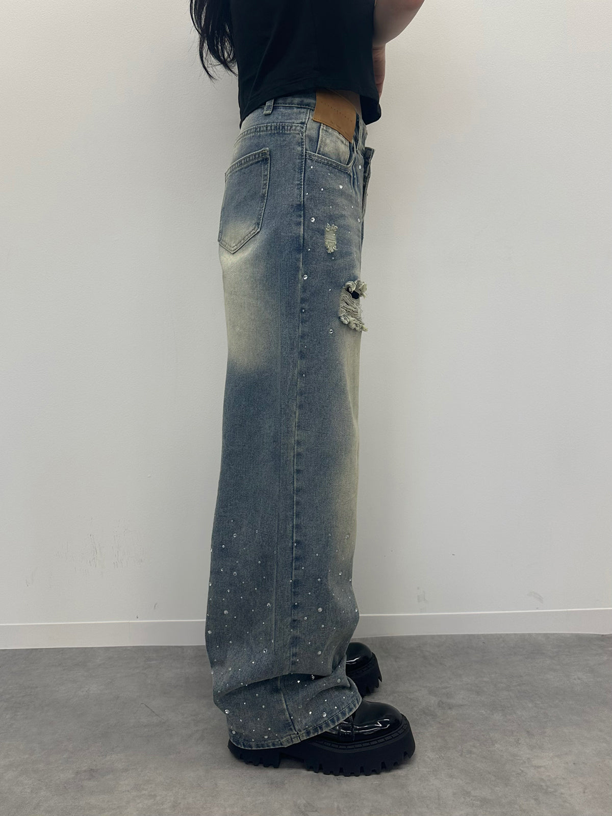 ラインストーンウォッシュデニムパンツ　