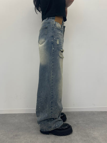 ラインストーンウォッシュデニムパンツ　