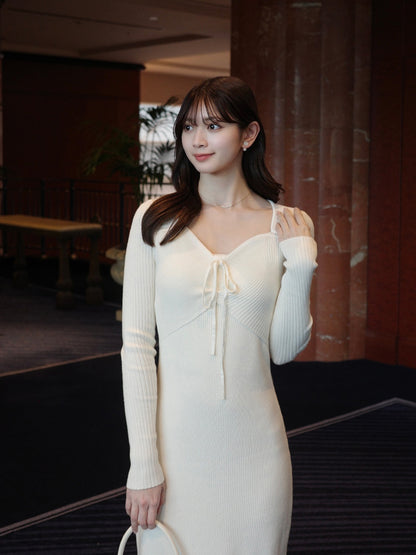 デザインネックリブニットワンピース