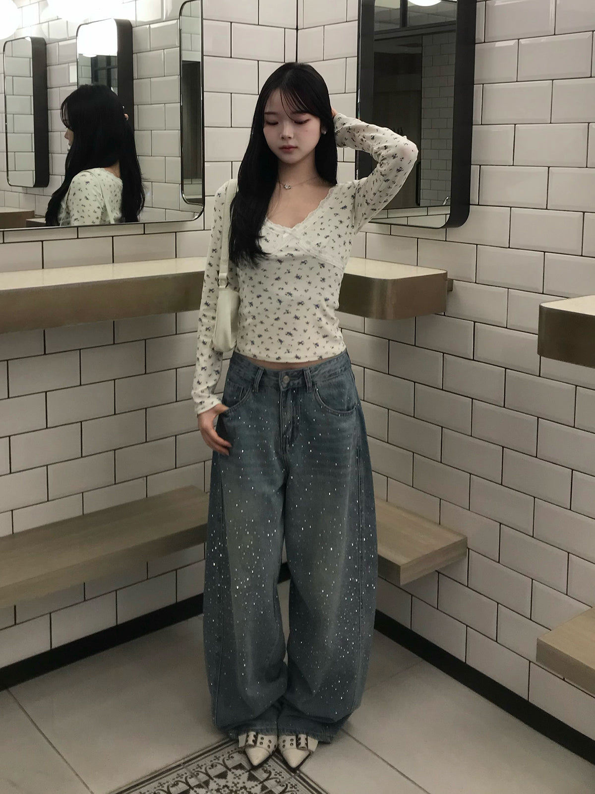 웨스트 스트링 라인스톤 와이드 데님 팬츠