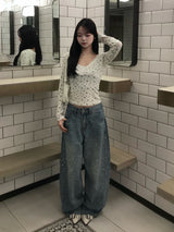 웨스트 스트링 라인스톤 와이드 데님 팬츠 - 블루