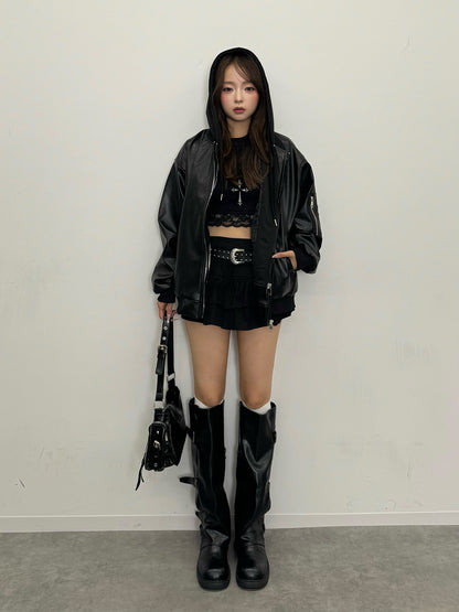 フーディージップレザータッチジャケット