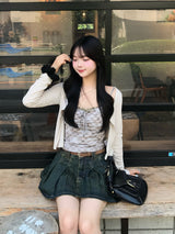 ベルトセットプリーツデニムミニスカート - ネイビー