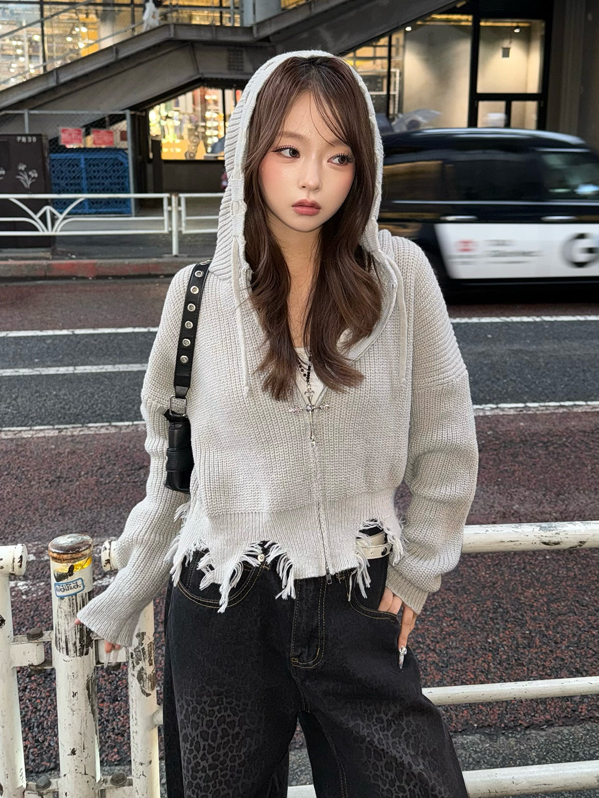 ダメージニットダブルジップパーカー