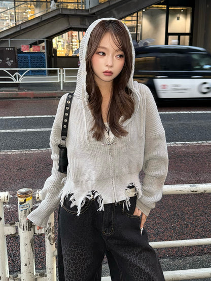 ダメージニットダブルジップパーカー