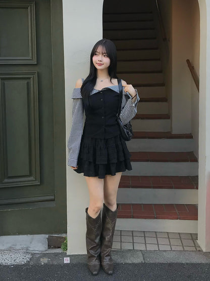 オフショルダーギンガムチェックカットソー