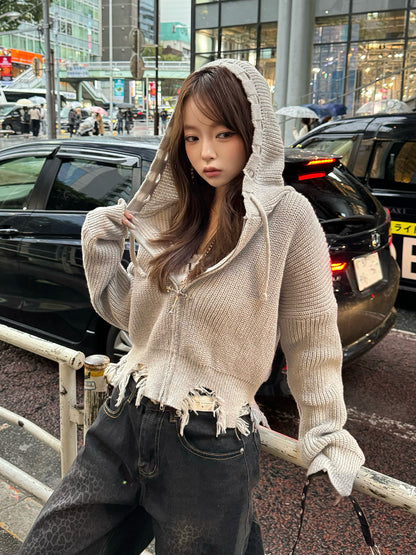 ダメージニットダブルジップパーカー