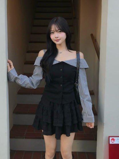 オフショルダーギンガムチェックカットソー