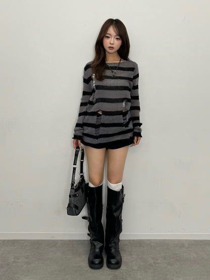 ボーダーダメージニット