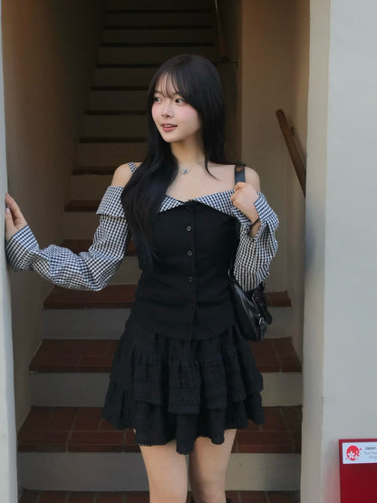 オフショルダーギンガムチェックカットソー