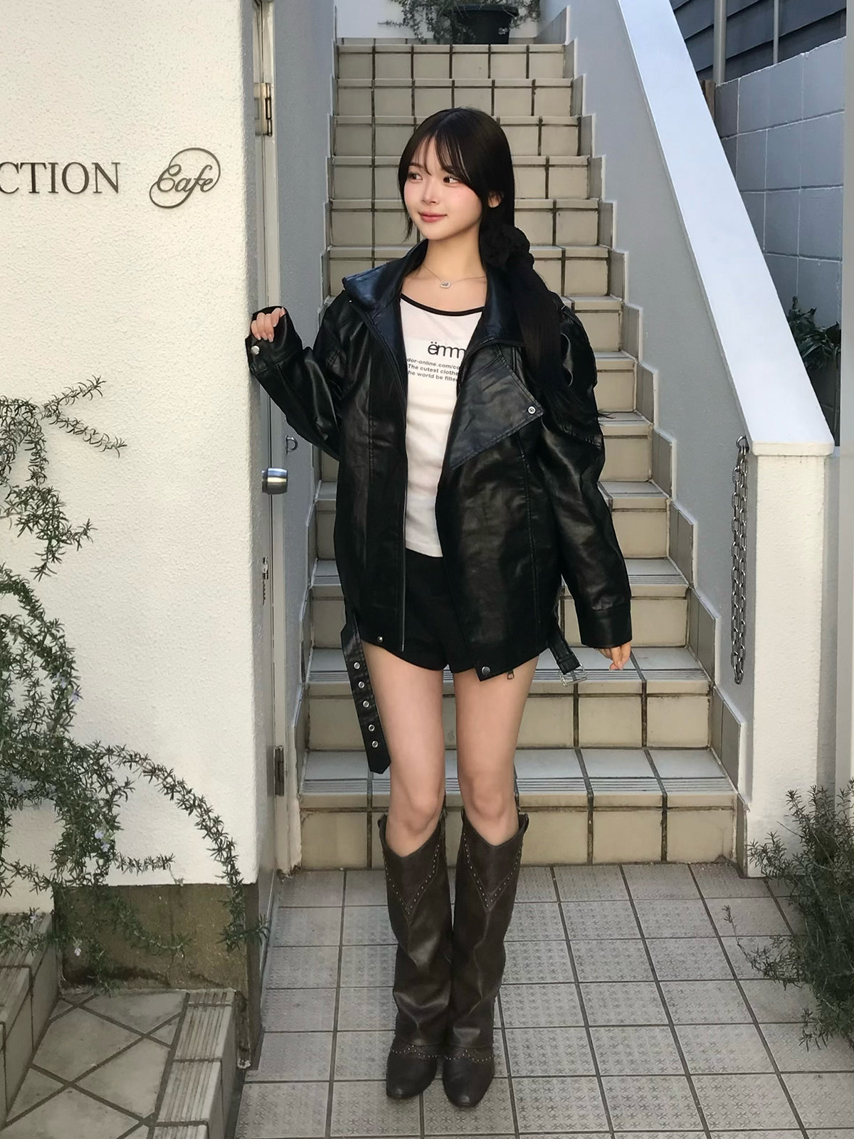 レイヤードカラーレザータッチジャケット