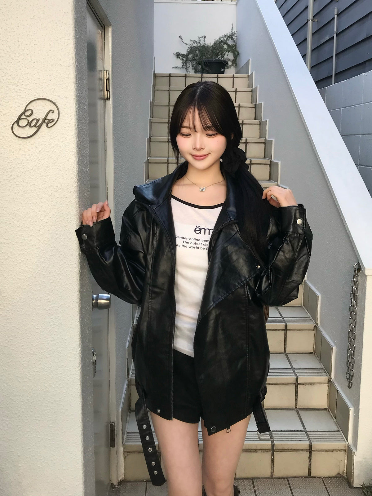 レイヤードカラーレザータッチジャケット