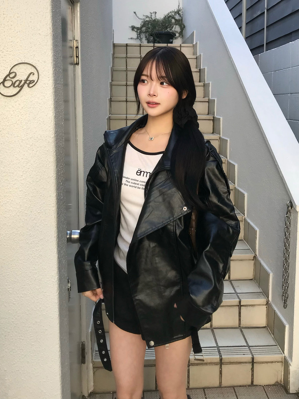 レイヤードカラーレザータッチジャケット