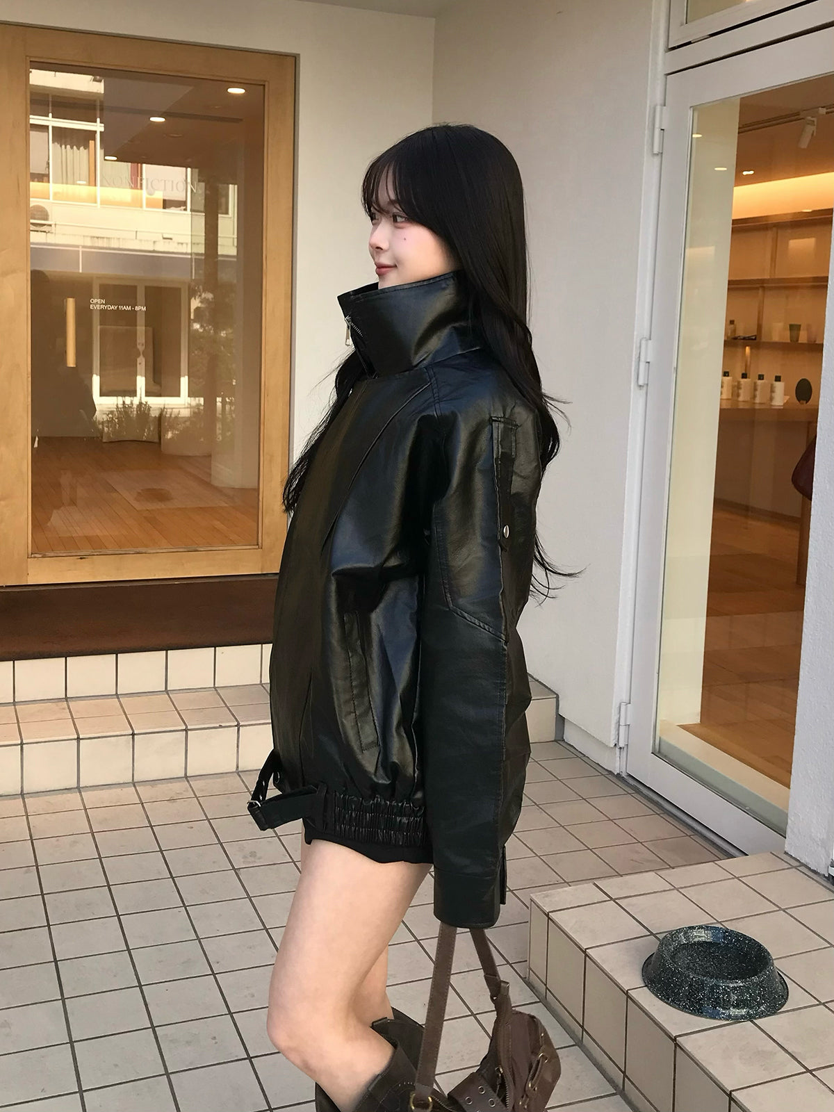 レイヤードカラーレザータッチジャケット