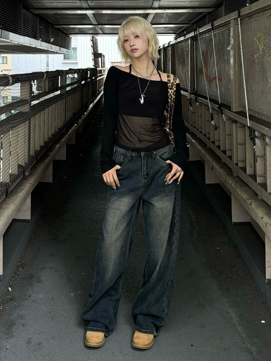 ハイウエストウォッシングデニムパンツ