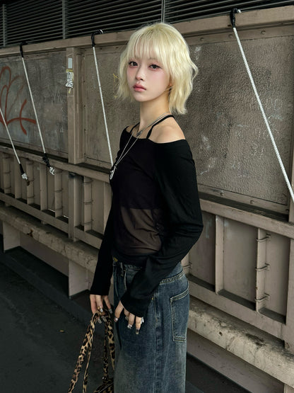 ホルターネックシースルーカットソー