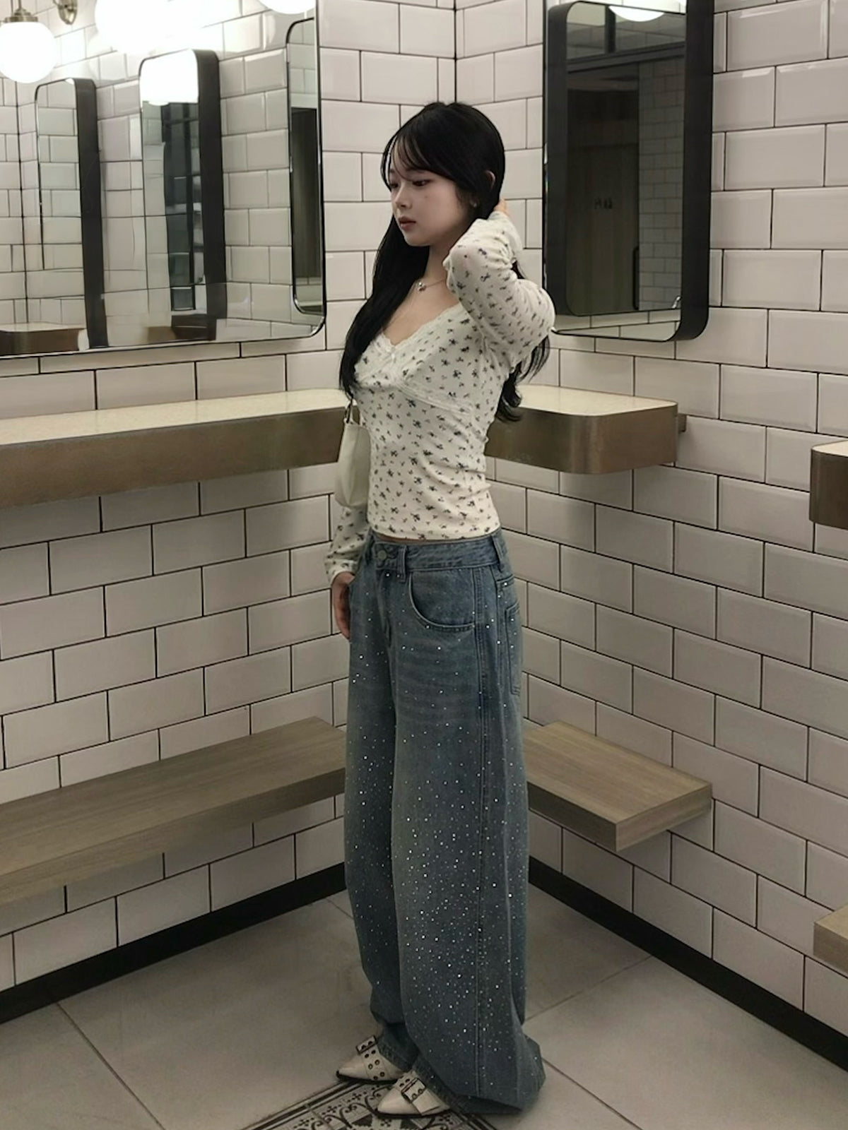 웨스트 스트링 라인스톤 와이드 데님 팬츠