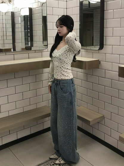 웨스트 스트링 라인스톤 와이드 데님 팬츠