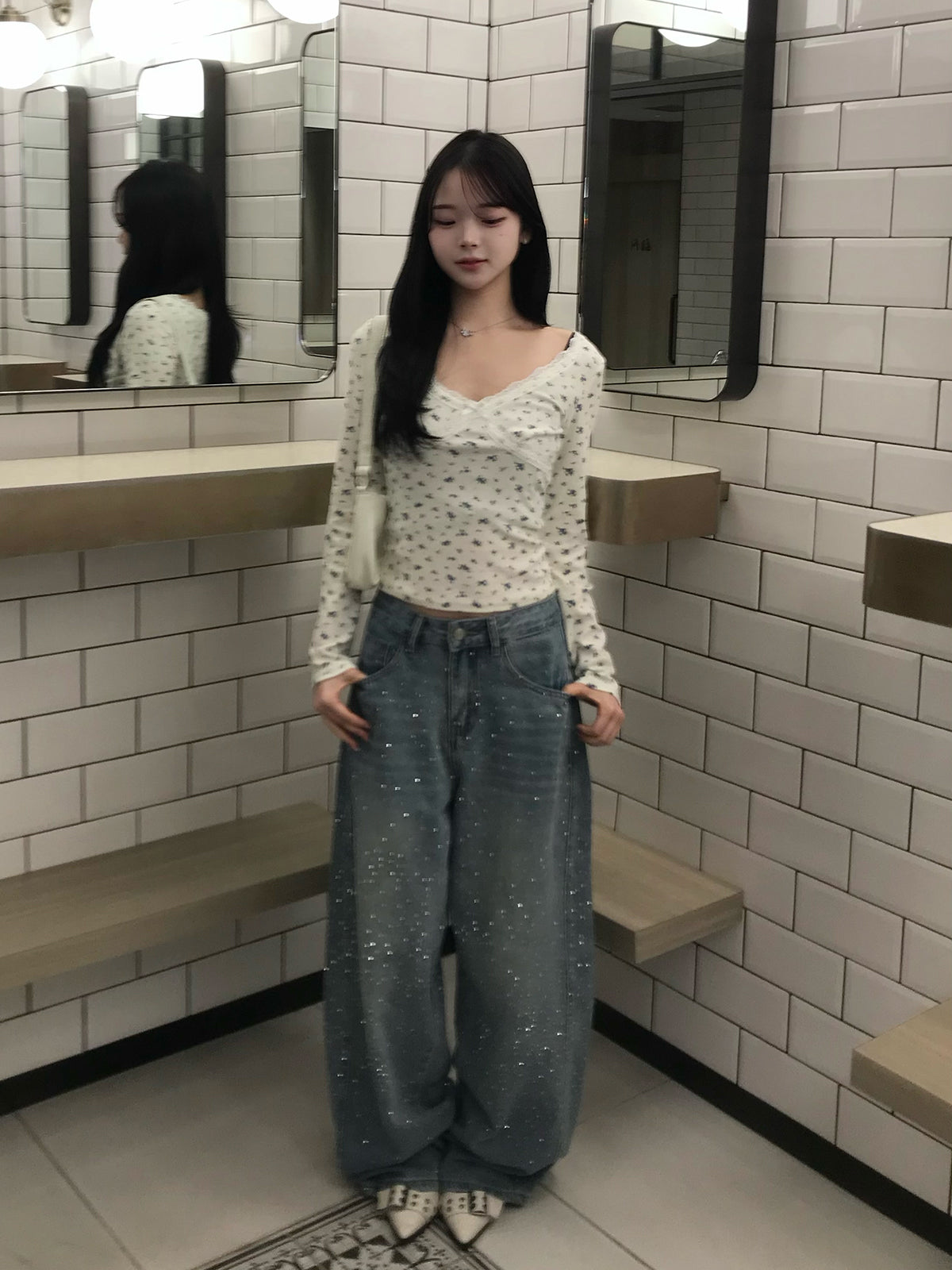 웨스트 스트링 라인스톤 와이드 데님 팬츠